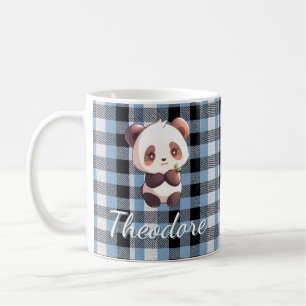 Personalised Cute Baby Panda Blue Plaid Coffee Mug