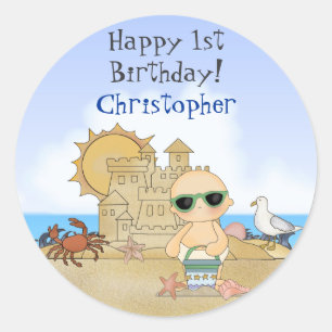 Personalised Cute Beach Baby Boy's 1st Birthday Classic Round Sticker
