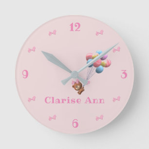Personalised Cute Bear and Balloons Round Clock