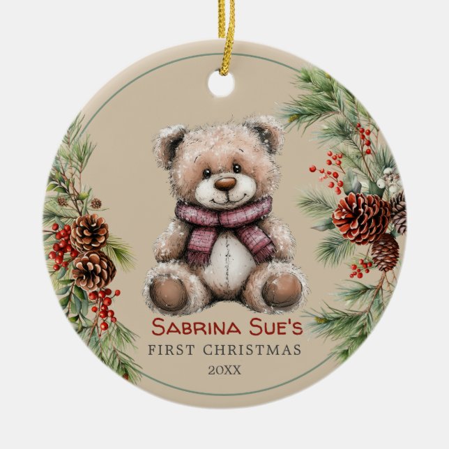 Personalised Cute Bear Baby's First Christmas Ceramic Ornament (Front)