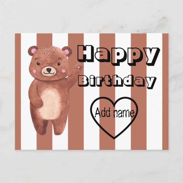 Personalised cute bear stripes birthday postcard (Front)
