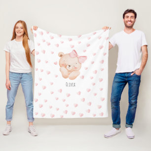 Personalised Cute Bear with pink Hearts Fleece Blanket