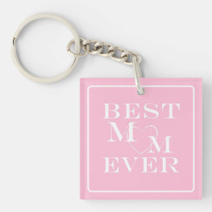 Personalised Cute "Best Mum Ever" White Heart Pink Key Ring