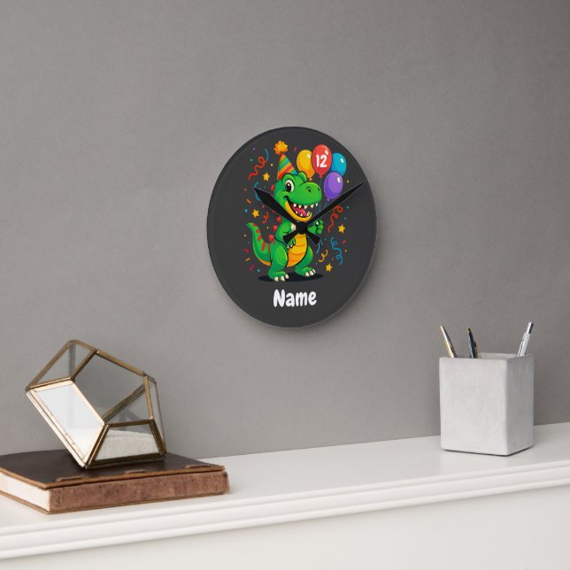 Personalised Cute Birthday Dino Kids  Round Clock (Office)