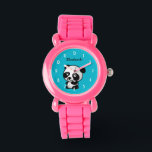 Personalised Cute Black and White Panda Bear Watch<br><div class="desc">A cute and adorable illustration of a black and white panda bear sitting down and looking happy,  friendly and loveable. Turquoise blue background. Personalise with your own name.</div>
