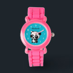 Personalised Cute Black and White Panda Bear Watch<br><div class="desc">A cute and adorable illustration of a black and white panda bear sitting down and looking happy,  friendly and loveable. Turquoise blue background. Personalise with your own name.</div>