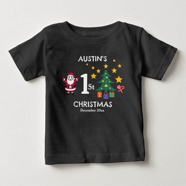 Personalised Cute Black Baby Boy's 1st Christmas  T-Shirt (Front)