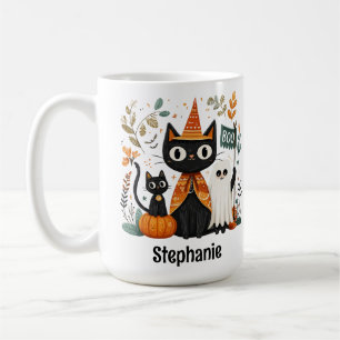 Personalised Cute Black Cat & Ghost Halloween Coffee Mug