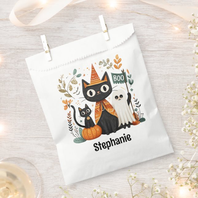 Personalised Cute Black Cat & Ghost Halloween Favour Bag (Clipped)