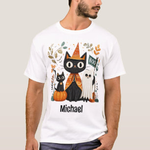 Personalised Cute Black Cat & Ghost Halloween T-Shirt