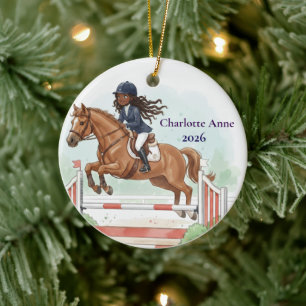Personalised Cute Black Girl Horse Show Jumping Ceramic Ornament