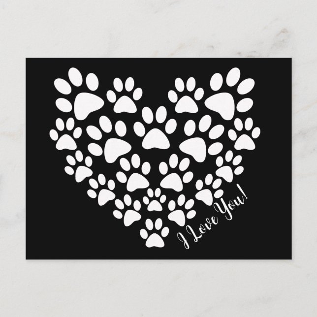 Personalised Cute Black White Paw Print Heart Postcard (Front)