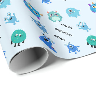 Personalised Cute Blue Boy Monster Birthday Wrapping Paper