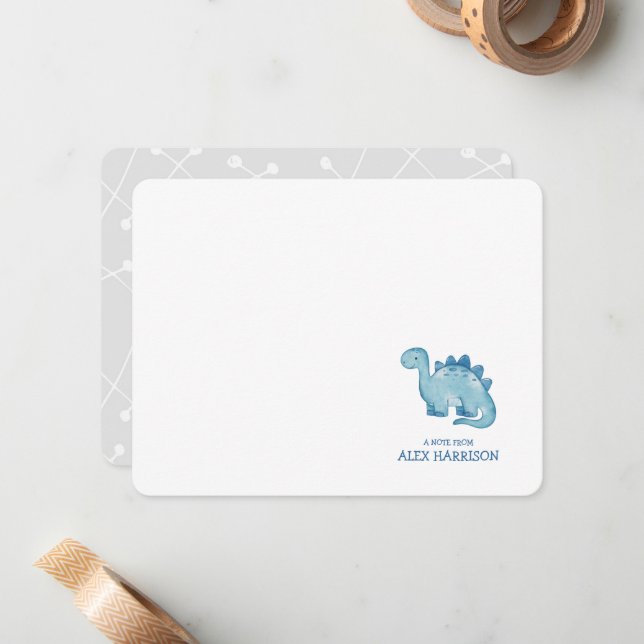 Personalised Cute Blue Dinosaur Note Card (Front/Back In Situ)