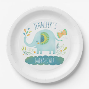 Personalised Cute Blue Elephant Baby Shower Paper Plate