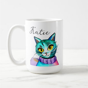 Personalised Cute Blue Kitty Cat Coffee Mug