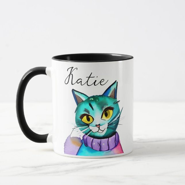 Personalised Cute Blue Kitty Cat Mug (Left)