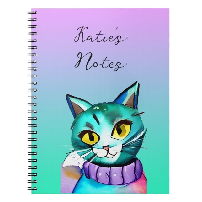 Personalised Cute Blue Kitty Cat Notebook (Front)