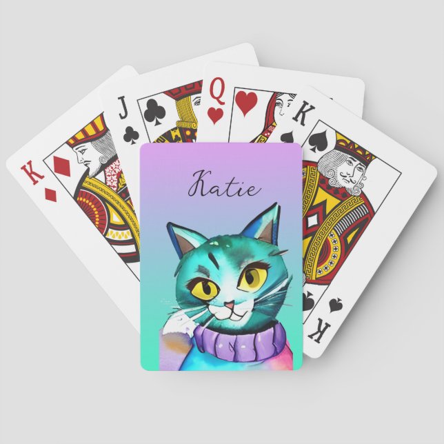 Personalised Cute Blue Kitty Cat Playing Cards (Back)