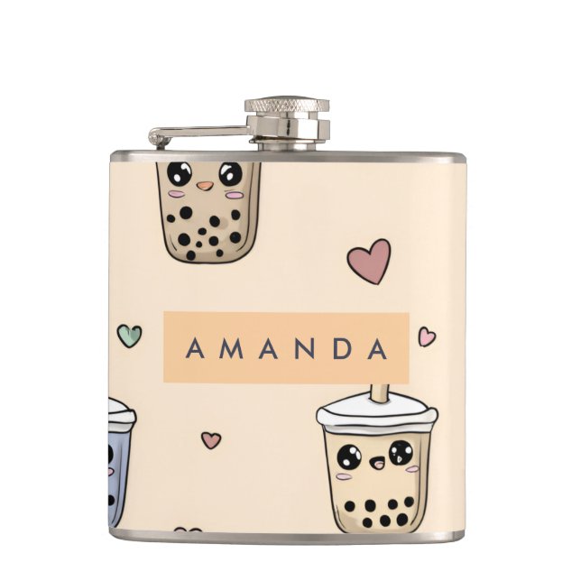 Personalised Cute Boba Tea Pattern Hip Flask (Front)