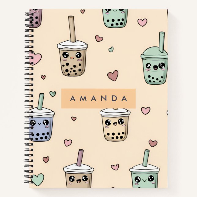 Personalised Cute Boba Tea Pattern Notebook (Front)