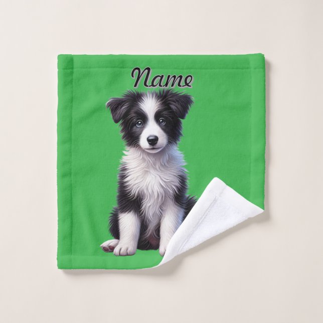Personalised Cute Border Collie Puppy Bath Towel Set (Wash Cloth)
