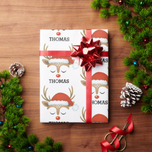 Personalised Cute Boy Christmas Reindeer Face Wrapping Paper