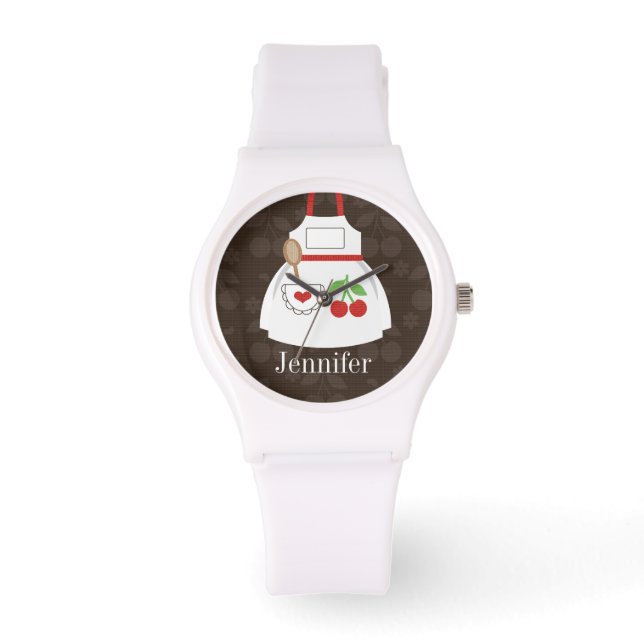 Personalised Cute Brown and Red Kitchen Apron Watch (Front)