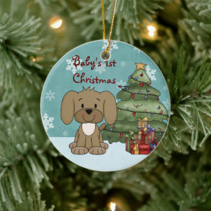 Personalised Cute Brown Dog Baby's 1st Christmas Ceramic Tree Decoration