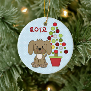 Personalised Cute Brown Dog, Holiday Tree on Blue Ceramic Ornament