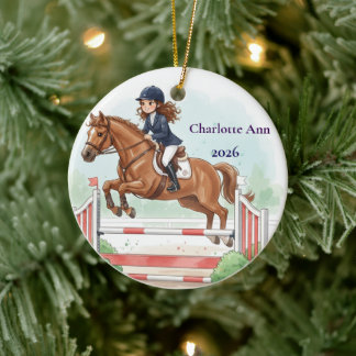 Personalised Cute Brown-Ha Girl Horse Show Jumping Ceramic Ornament
