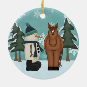 Personalised Cute Brown Horse and Funny Snowman Ceramic Ornament