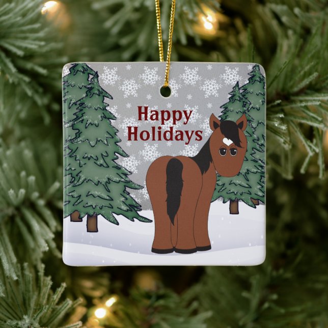 Personalised Cute Brown Horse Happy Holidays Ceramic Ornament (Tree)