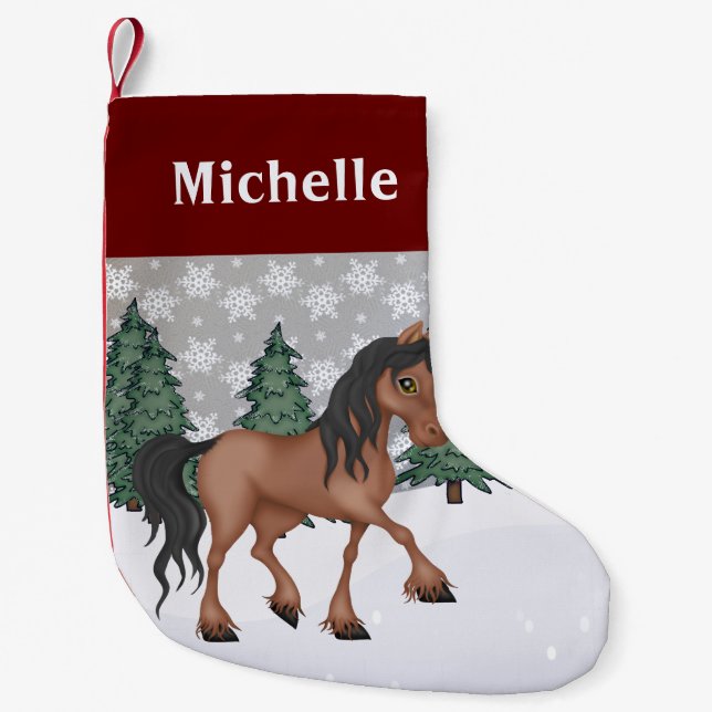 Personalised Cute Brown Horse Winter Scene Small Christmas Stocking (Front)