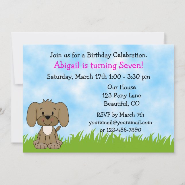 Personalised Cute Brown Puppy Dog Girls Birthday Invitation (Front)
