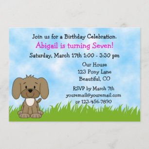 Personalised Cute Brown Puppy Dog Girls Birthday Invitation