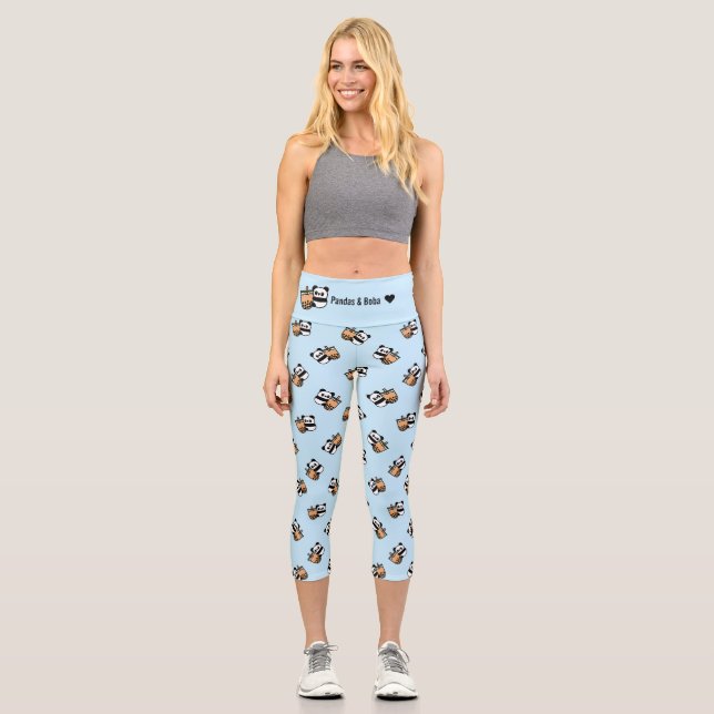 Personalised Cute Bubble Tea & Panda Bear Capri Leggings (Front)