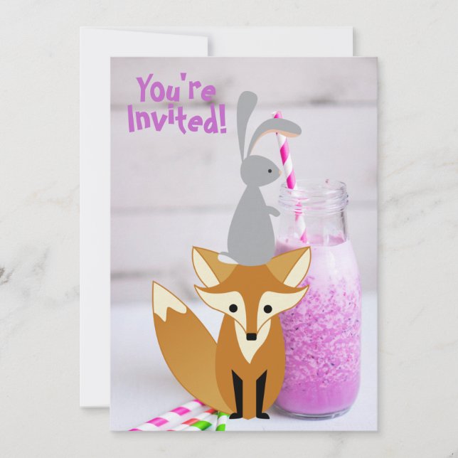 Personalised Cute Bunny and Fox Milkshake Birthday Invitation (Front)