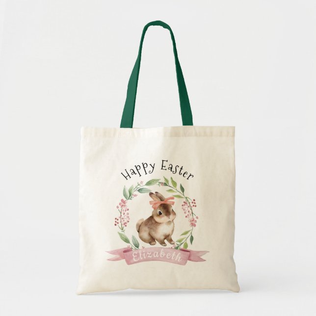 Personalised Cute Bunny Happy Easter Egg Hunt Tote (Front)