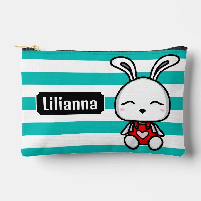 Personalised Cute Bunny Pink Stripped Accessory Pouch (Front)