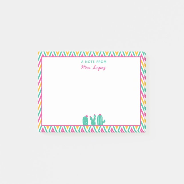 Personalised Cute Cactus Teacher Chevron Post-it Notes (Front)