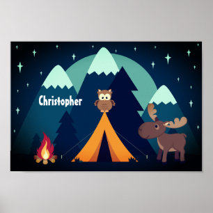 Personalised Cute Camping, Animals and Mountains Poster