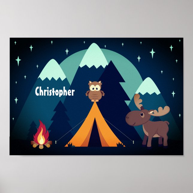 Personalised Cute Camping, Animals and Mountains Poster (Front)