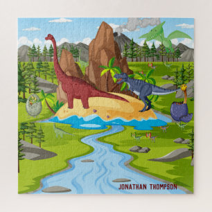 Personalised Cute cartoon Dinosaurs greenery blue Jigsaw Puzzle