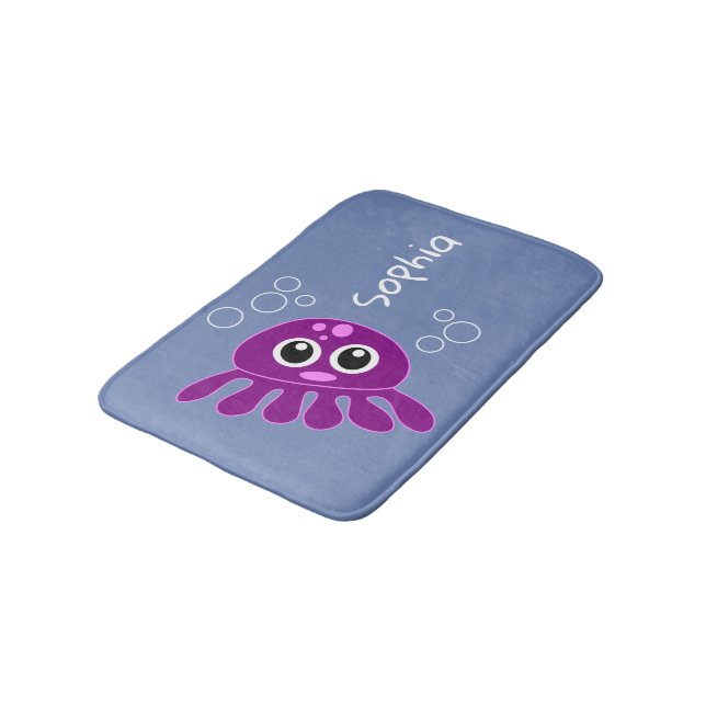 Personalised Cute Cartoon Purple Octopus Blue Bath Mat (Angled)