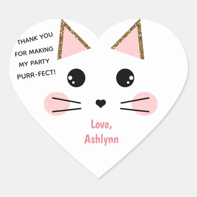 Personalised Cute Cat Birthday Favour Heart Sticker (Front)