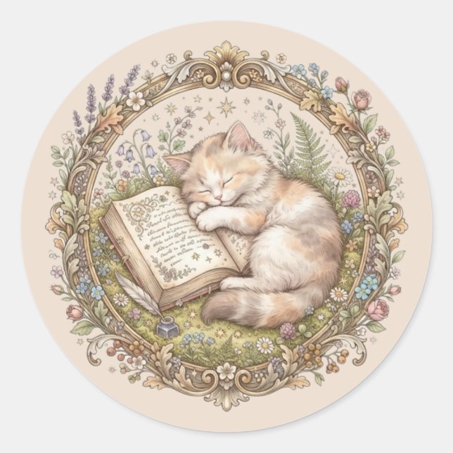 Personalised Cute Cat Bookplate Classic Round Sticker (Front)