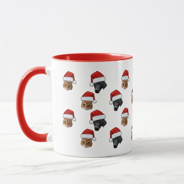 Personalised Cute Cat Dog Face 2 Photos Santa Hat Mug (Left)