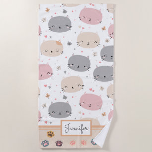 Personalised Cute Cat Seamless Pattern Kids Beach Towel