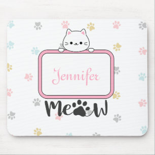 Personalised Cute Cat with Name and Paw Prints Mouse Pad